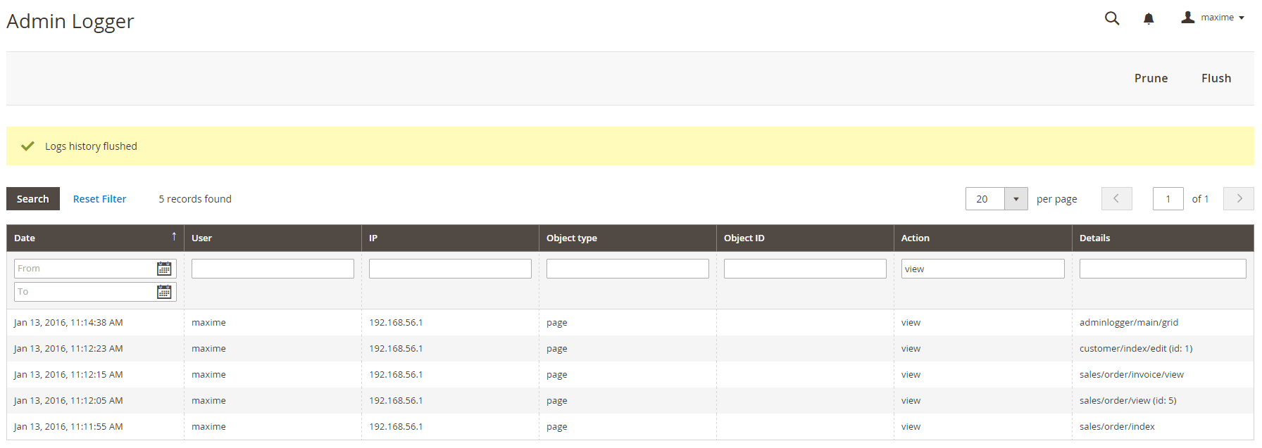 admin logger navigation Magento 2