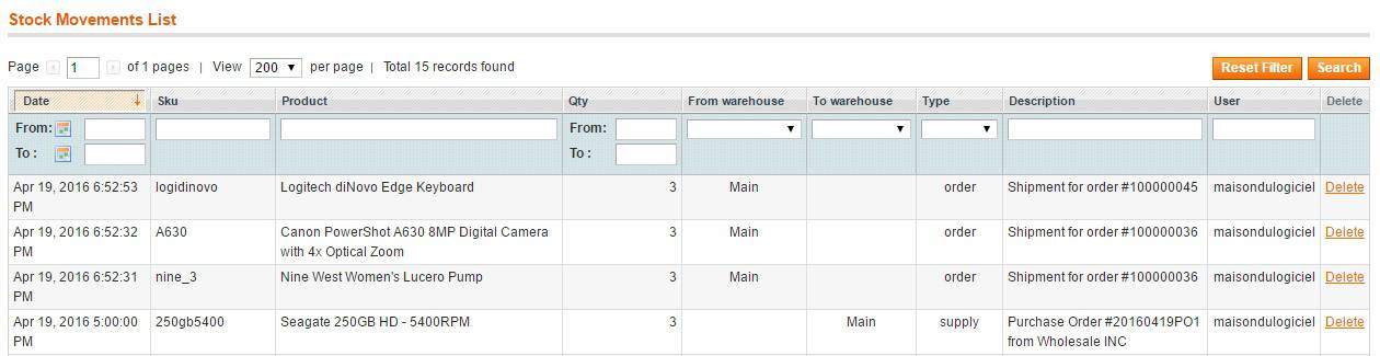 mouvement stock magento wms