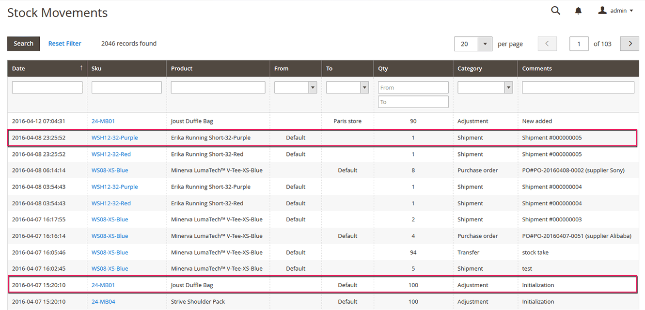 ERP magento 2 mouvement stock