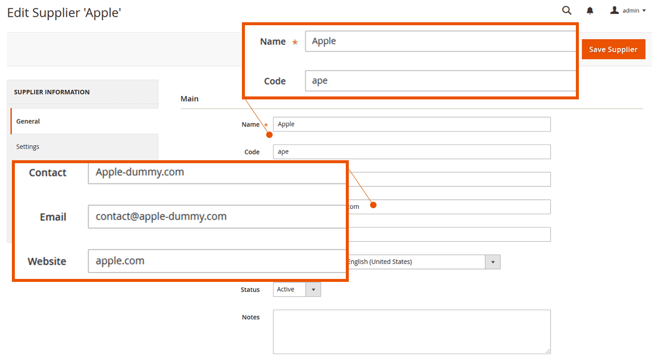 ERP magento 2 info fournisseur